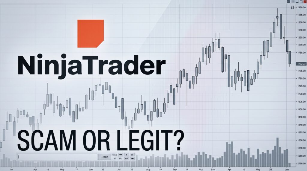 NinjaTrader trading platform candlestick chart displaying the text SCAM OR LEGIT in bold font.